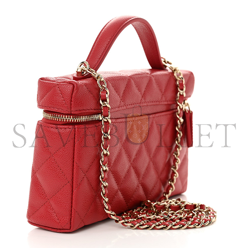 CHANEL CAVIAR QUILTED TOP HANDLE SLIM VANITY WITH CHAIN RED (19*11*5cm) 